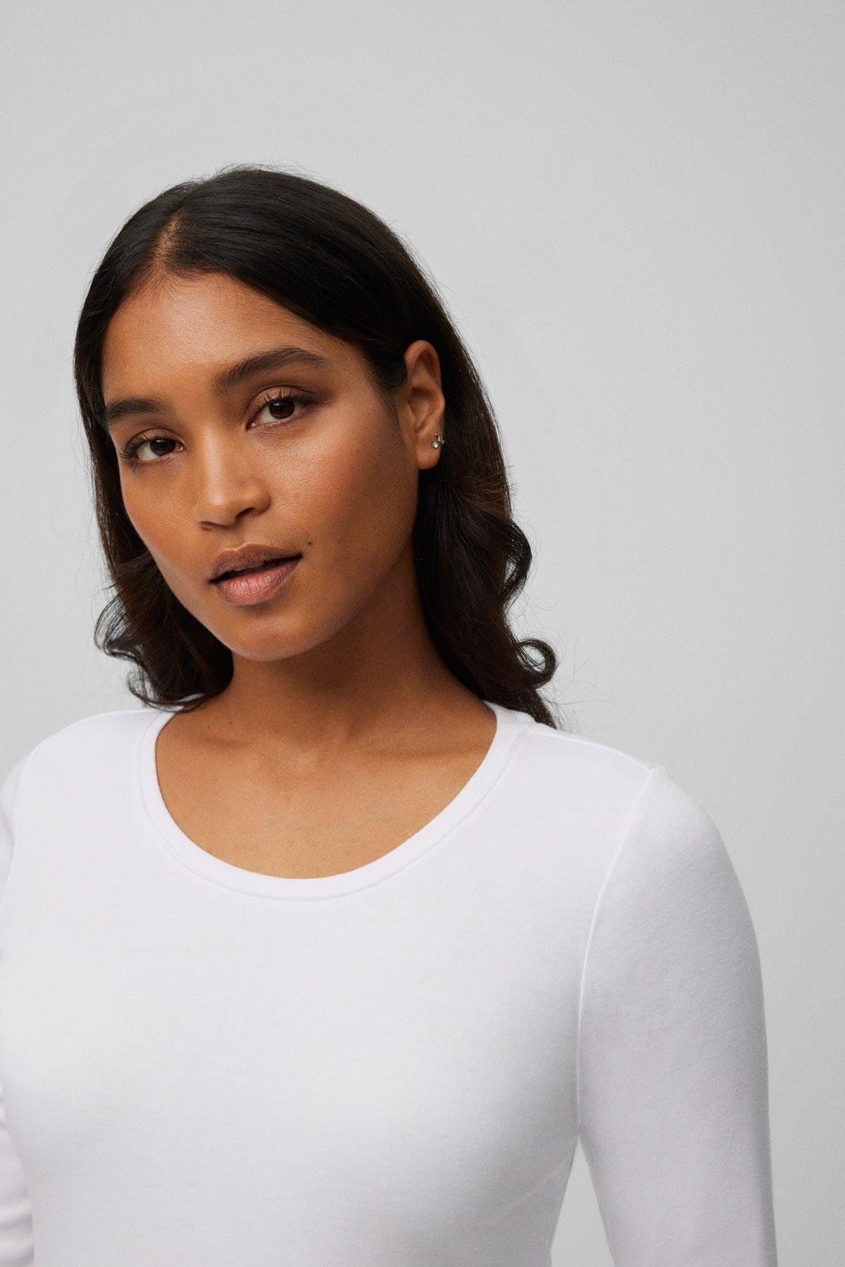 Camiseta térmica ligera de algodón manga larga cuello redondo blanco
