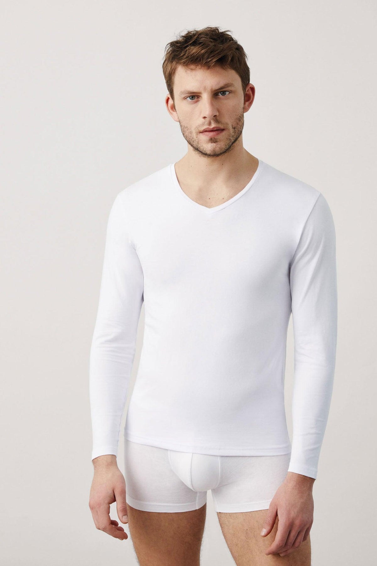Camiseta interior manga larga cuello en V blanco