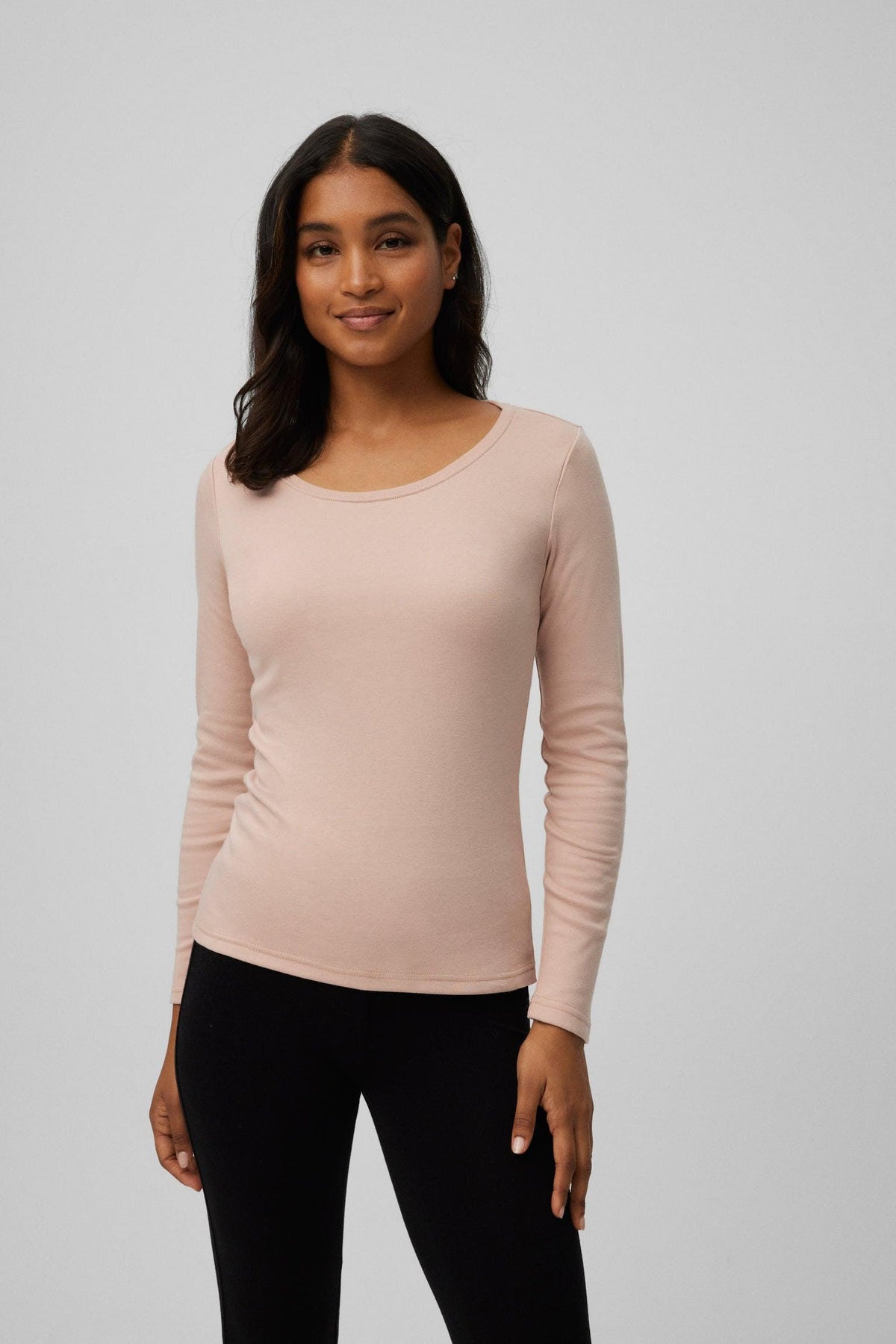 Camiseta térmica ligera de algodón, manga larga, cuello redondo, color nude