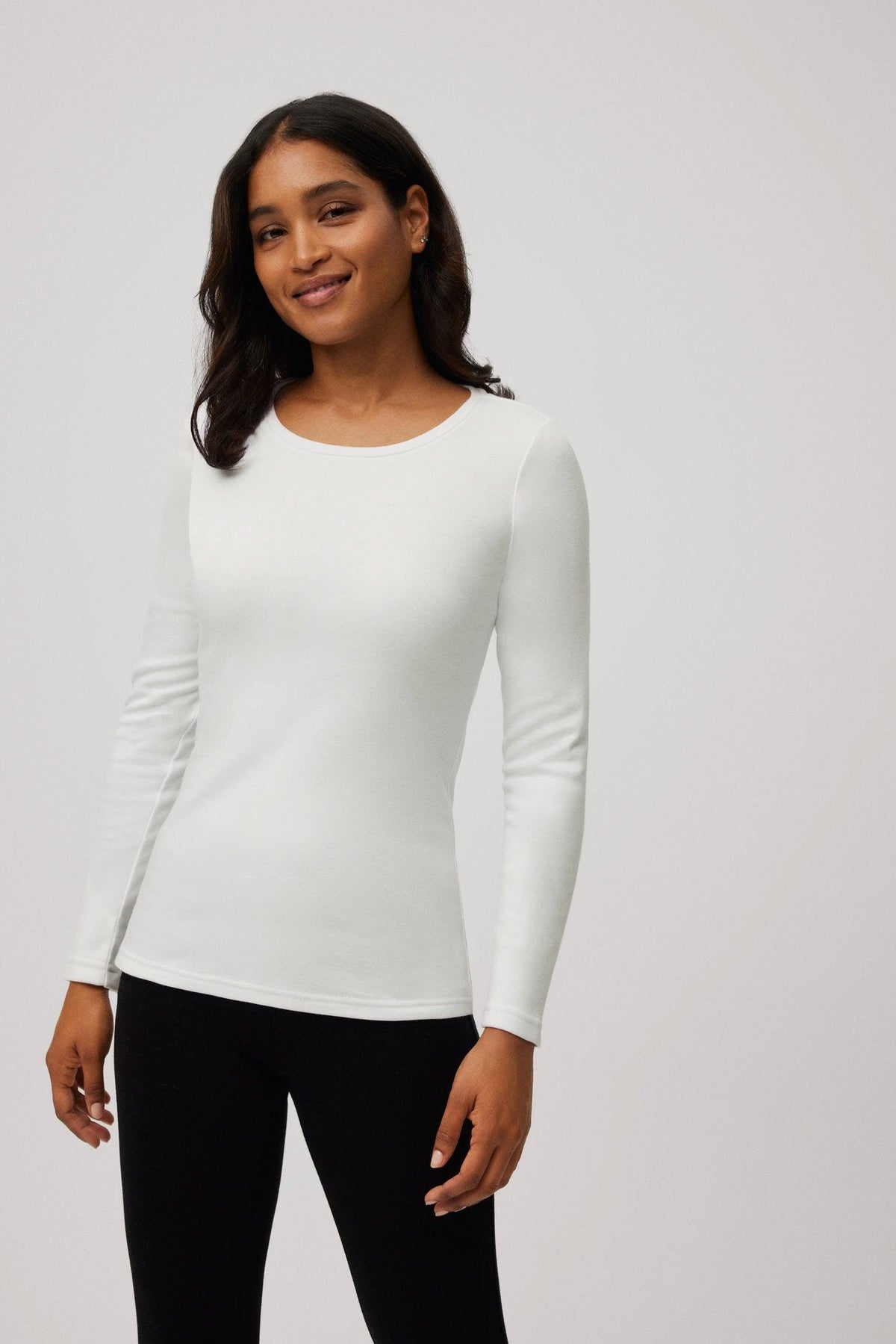 Camiseta térmica ligera de algodón manga larga cuello redondo blanco