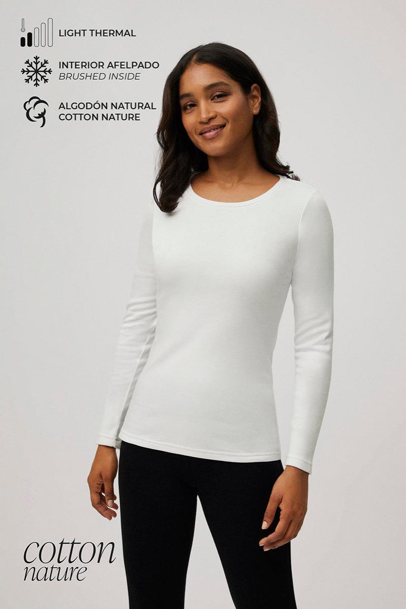 Camiseta térmica ligera de algodón manga larga cuello redondo blanco
