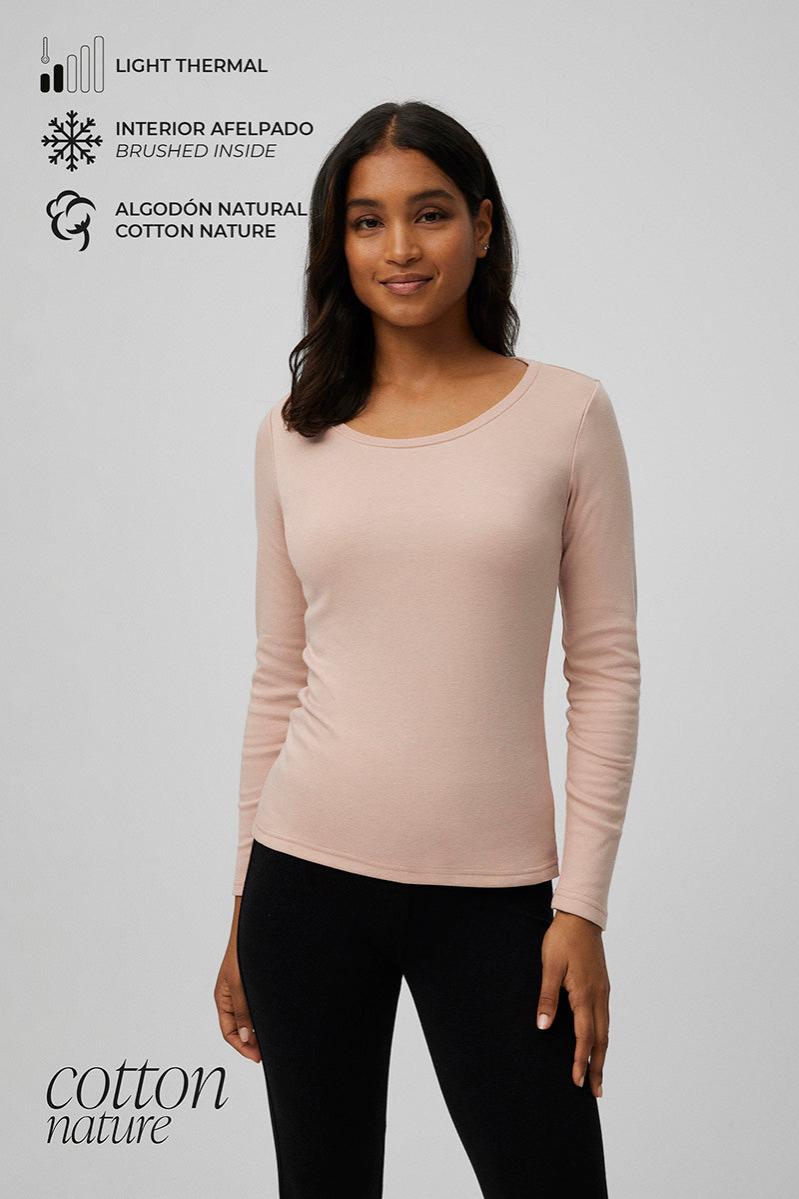 Camiseta térmica ligera de algodón, manga larga, cuello redondo, color nude