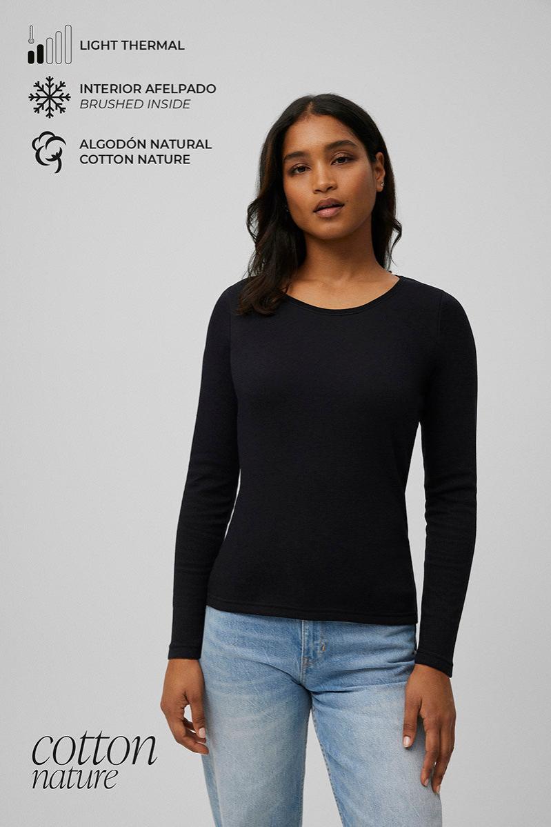 Camiseta térmica ligera de algodón manga larga cuello redondo negra
